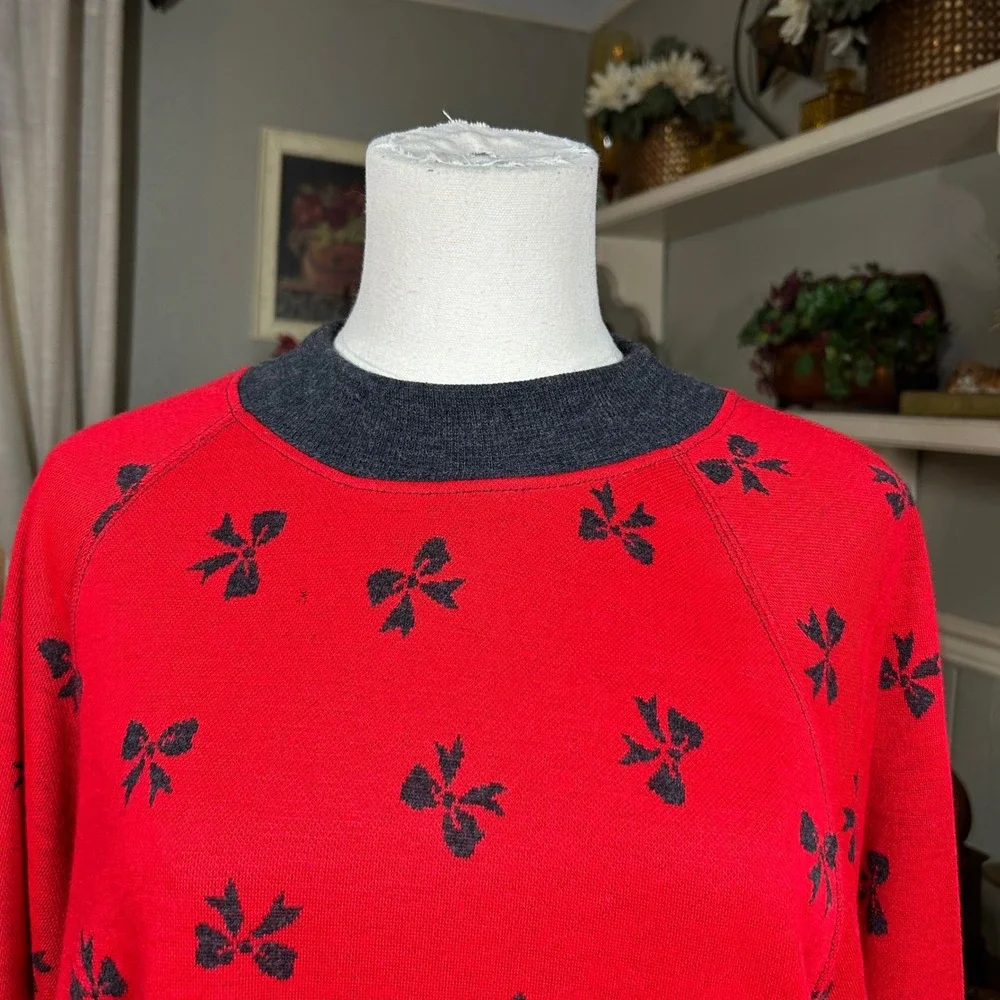 Vtg Red Knit Two Piece Set Bow Print Sweatshirt and Midi Skirt Gray Trim Sz L